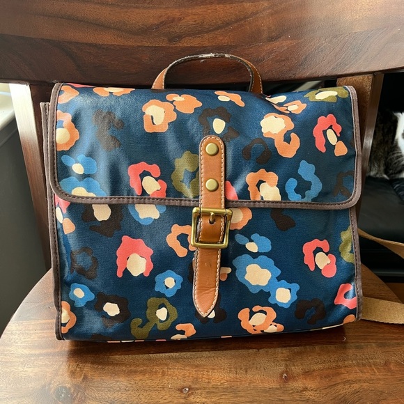 Fossil Navy Blue Floral Print Coated Canvas Crossbody Laptop Tote Bag